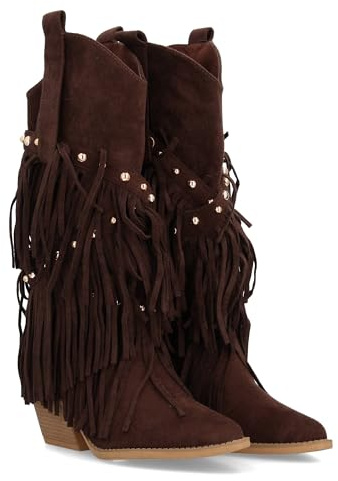 97790 Bota de Estilo Western con Cana Alta Decorada con Flecos en Cascada y Tachuelas metalicas, Punta Fina y Tacon Cubano. Ideal para Mujer en Temporada de Otono Invierno Marron Talla 39