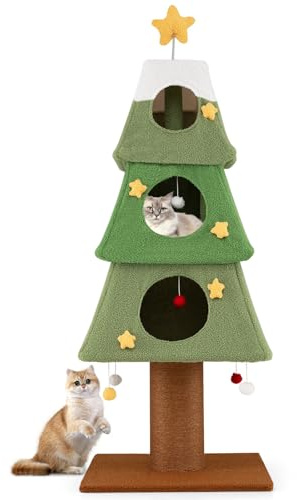 GOPLUS Árbol para Gatos con Forma de Árbol de Navidad, Torre para Gatos de Interior con Plataformas de 3 Niveles, Rascador de Sisal, 4 Bolas, Juguete con Resorte y Cubierta de Tela Extraíble
