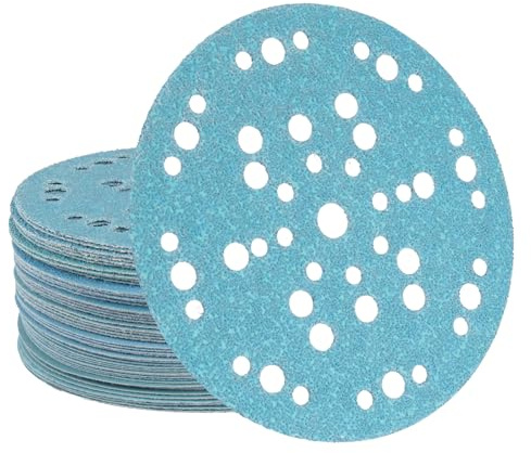FASTPLUS 50 Disque Poncage 150 mm, 47 Trous, G40-800 Céramique Bleue | Fixation Auto-agrippante et un coussinet d'interface en mousse souple 50 Pièces Pour Ponceuse Excentrique Bois Métal