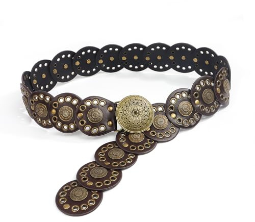 CCAIPU Bred skivbälte för damer, Boho Vintage Western midjebälte Disc Concho läderbälte Western Cowgirl bälte för klänningar byxor kjolar, BRUN, 105