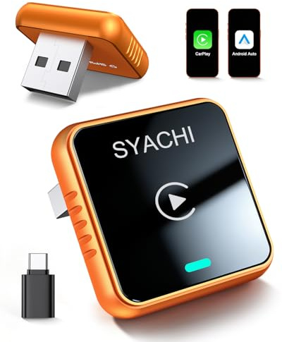SYACHI 2 en 1 Adaptador CarPlay Inalámbrico con USB A/Tipo-C, Convierte Cableado a Inalámbrico, para iPhone iOS 10+ & Android Auto, Compacto y Estable Bluetooth Car Play Wireless Adapter
