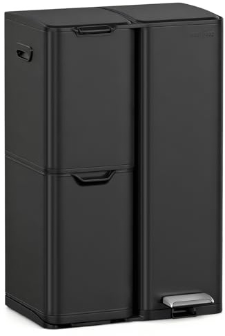 mVm Cubo de Basura Cocina de Acero Inoxidable, 3 Compartimentos 60L con Tapa de Cierre Suave, Contenedor Multifuncional para Separación de Residuos en Casa u Oficina, Negro