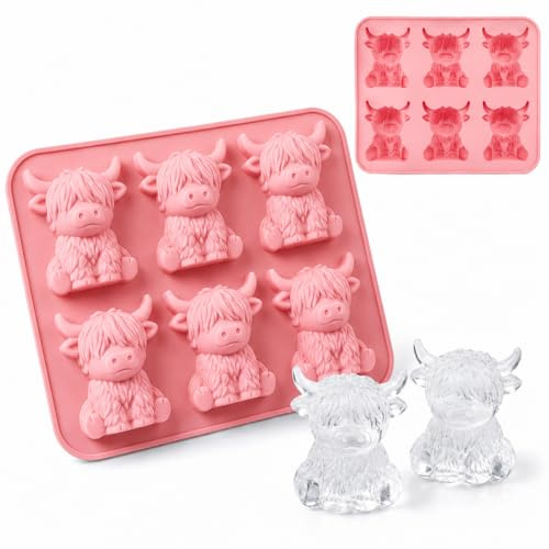 Lafefe Highland Cow Ice Cube Tray, Pink Silicone Ice Cube Mould, Cute 3D Highland Cow Ice Mold, BPA Free Flexible Easy Release Tray for Whisky, Cocktails, Iced Coffee, Chocolate, Jelly, Candy & Soap
