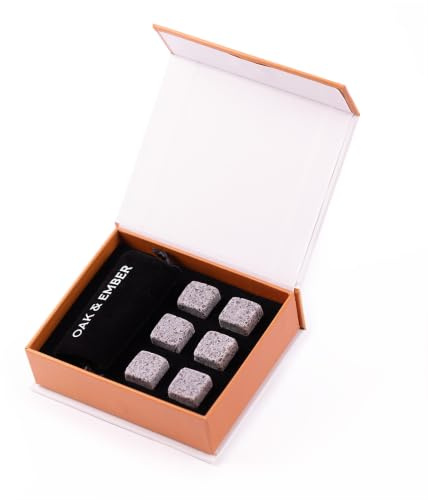 Oak & Ember Whisky Stones Gift Set – 6 Reusable Granite Whisky Stones with Velvet Storage Pouch – Chilling Stones for Whisky, Bourbon, Scotch & Spirits – Whisky Accessories & Gifts