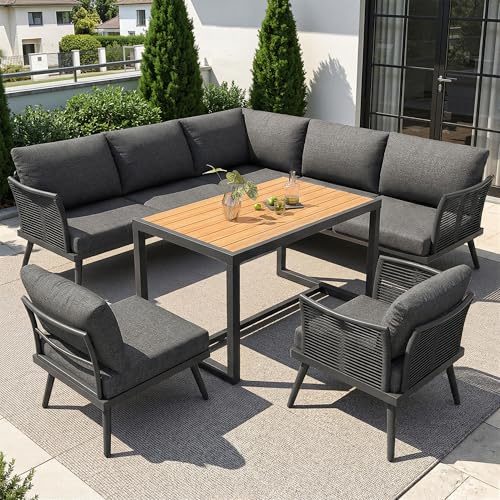 Merax Gartenmöbel Set 7 Personen, L-förmige Lounge Sitzgruppe mit Couchtisch,Gartensofa aus Metall mit WPC-Tischplatte, Gartenlounge mit Polstern & Kissen für Terrasse, Balkon, Grau