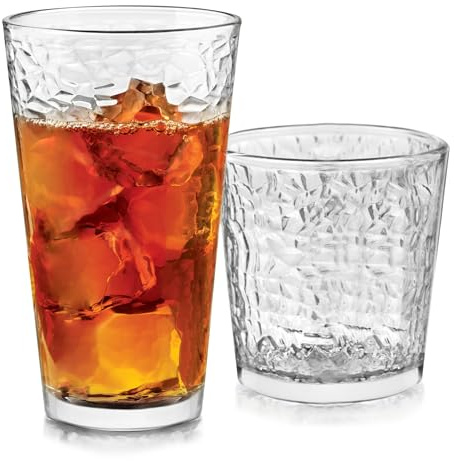 Libbey Yucatan Tumbler and Rock Drinking Glasses Set, Textured 16 Piece Glassware Set, All Purpose Glass Cups for Events and Everyday Use