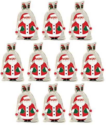 NUOBESTY 10 Stücke Jutesäckchen Geschenksäckchen Weihnachten Säckchen Nikolaussäckchen Kleine Jutebeutel Süßigkeiten Taschen Adventskalender Beutel Weihnachtsmann Sack