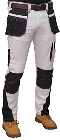 HASHOOB Mens Work Trousers Painters Decorators White Cargo Combat Pants (GRN-WHITE3, 32W X 34L)
