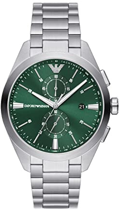 Emporio Armani Orologio da uomo, movimento cronografo, cassa in acciaio inossidabile da 43 mm con bracciale in acciaio inossidabile, AR11480, Argento e Verde, 43 mm