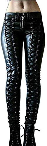 oytto Gothic Punk Leather Trousers Women Solid Color Bandage Skinny Party Night Club Leather Fashion Pants (Black,M,M)