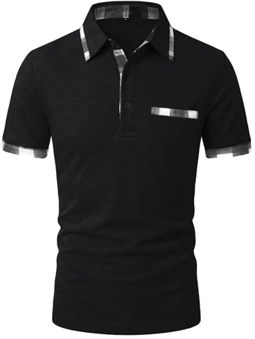 GLESTORE Poloshirt Herren Kurzarm Golf PoloHemd mit Falsche Brusttasche Sommer Polo T Shirt Schwarz XL