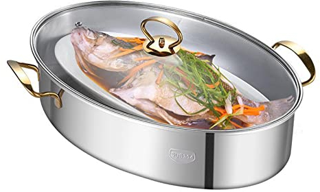 8Qt Oval Fischdampfer, 304 Edelstahl Gedämpfter Fischtopf Kochgeschirr Mit Rack, Keramische Pfanne, Chuck Für Dampfende Fische, Kochende Suppe,Gold