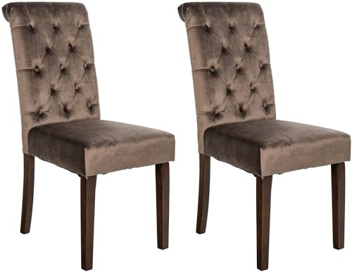 CLP 2er Set Esszimmerstühle Lisburn I Samt I Stoff I Polsterstühle Gesteppt Chesterfield Design | Farbe braun Material Samt