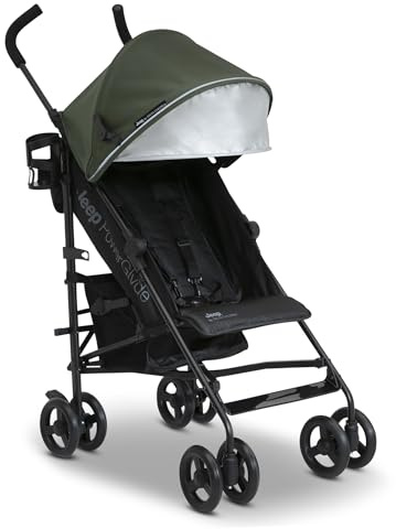 Jeep PowerGlyde Stroller by Delta Children - Lightweight Travel Stroller with Softer Drive and Compact Fold, 3-Position Recliner, Extra Large Storage Basket, Olive Green