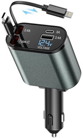 BOOTEEK 4 in 1 Auto Ladegerät 120W Zigarettenanzünder USB C Einziehbares Ladekabel Auto mit Spannungsanzeige für 12V/24V-Fahrzeuge, KFZ Ladegerät Schnellladegerät Kompatibel mit Smartphone, Tablet usw