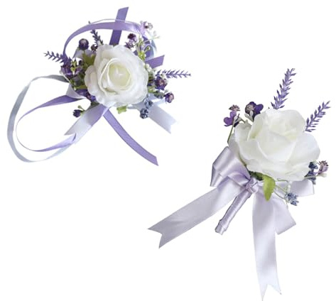 Whakano 1 Satz Künstliche Blume Rosen Boutonniere Handgelenk Corsage Weiß Lila,Hochzeit Ansteckblumen und Handgelenk Blume,für Bankett,Hochzeit Dekoration,Braut Bräutigam Hochzeit,Jubiläumsdaten Usw