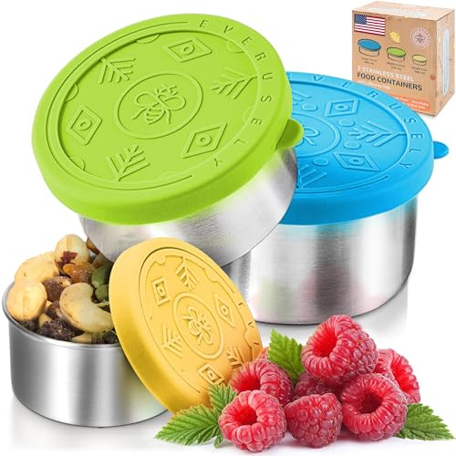 Everusely - Recipientes de Comida de Acero Inoxidable - Juego de 3, Summer - Fiambrera Metálica Contenedores para Snacks para Oficina, Almacenamiento en Casa - Tapas a Prueba de Fugas