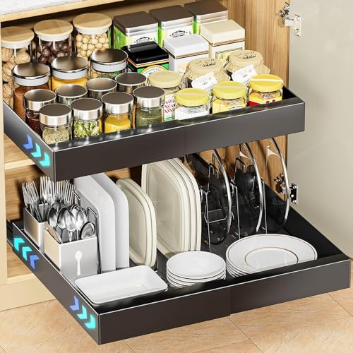 Ovicar Tiroir télescopique Organisateur de tiroirs extensibles : Étagères de rangement coulissantes pour armoires de cuisine avec 4 pièces séparateurs, 31–52,5 cm L, Aucun perçage ni clouage requis