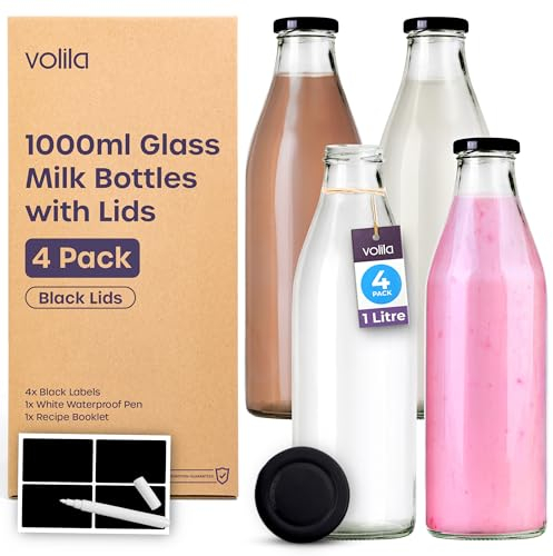 volila Glass Milk Bottles with Lids 1L - 4 Pack Reusable Milk Bottle for Beverages, Sauces, Storage Container and Decor - Leakproof Glass Bottles with Lids, Labels and Pen (Black Lid)