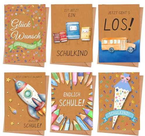 Einschulung Karten mit Umschlag Set - 6 Schulstart Glückwunschkarte | für Jungen & Mädchen - Kindgerechte Glückwunschkarten zum Schulanfang