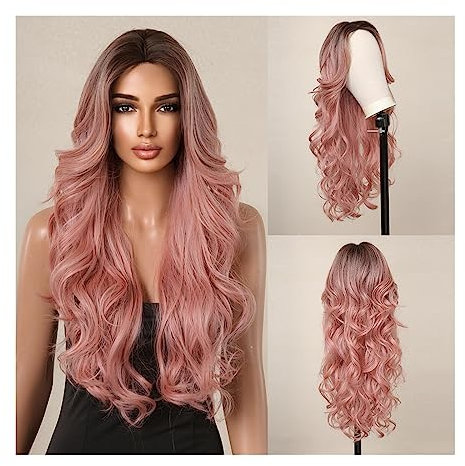 yixinzi-2024 Peluca Pelucas de Pelo Largo y Rizado de Encaje for Mujer, Peluca sintética marrón y Rosa for Mujer, Pelo de Encaje Ondulado, Peluca de Cosplay Rosa Resistente al Calor Peluca Hombre