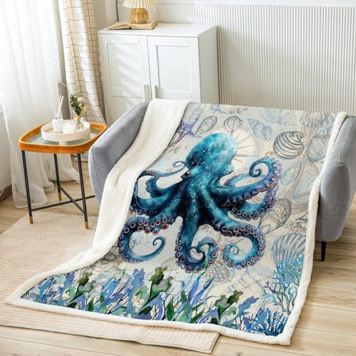 Homemissing Oktopus Decke 130x150cm Sea Thema Kuscheldecke für Kinder Jungen Mädchen Schalen und Korallen Wohndecke Blau und Braun für Sofa