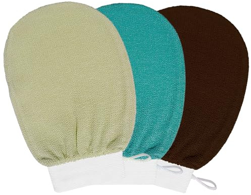 Pack of 3 Exfoliating Gloves, Body Shower Gloves, Massage Exfoliating Gloves for Body and Face - Cocoa Brown, Emerald Green, Ginger Yellow