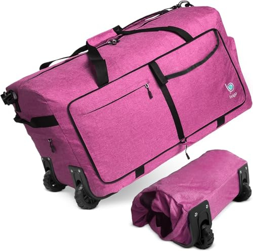 Bago Faltbare Seesack mit Rädern - 80L 100L 120L 140L Falttasche Heavy Duty Gewichtsparende Seesack für Reisen Wasserdichte Reisetasche Handgepäck Seesack mit Rollen, Schneerosa, 100L, Modern