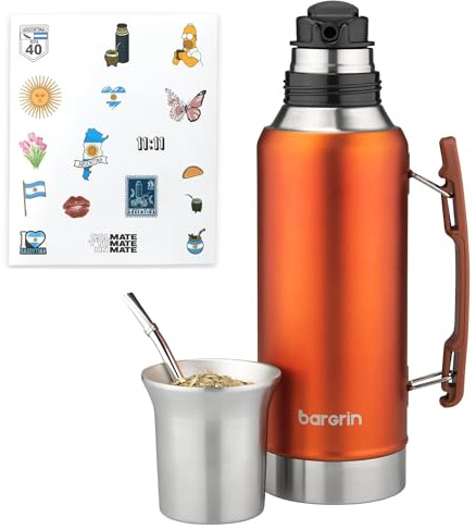 BARGRIN Kit de mate argentino completo todo en uno – termo y mate de acero inoxidable con bombilla y cepillo – mantiene la temperatura caliente y fria – ideal para viajes, oficina, camping o regalo