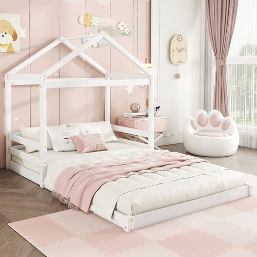 Billg Kinderbett Hausbett 140x200cm, Bodenbett Hausform Kinder Bett aus Kiefer und MDF, Montessori Bett mit Dach und Lattenrost, Stabiles Jugendbett Kinderhaus für Mädchen/Jungen Ohne Matratze