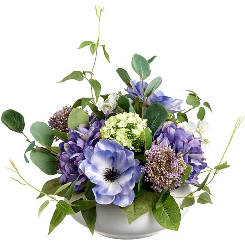 SilksAreForever 10 Hydrangea, Anemone & Snowball Silk Flower Arrangement w/Ceramic Vase -Purple/Green (Pack of 2)