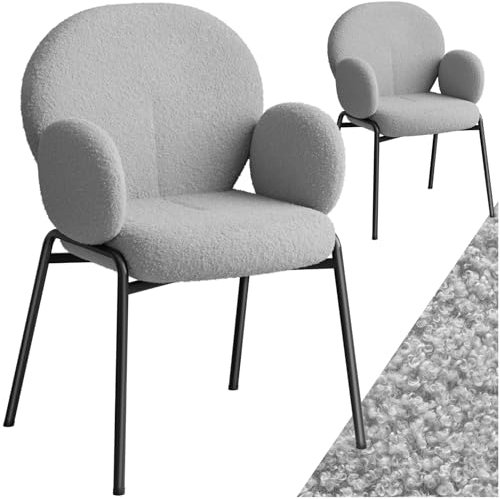 tectake® 2er Set Esszimmer Stuhl mit Armlehne, modernes Küchenmöbel mit Bouclé Teddystoff Bezug, Esszimmerstühle Wohnzimmer Sessel, Dining Chair, Küchenstühle für Esstisch (hellgrau)