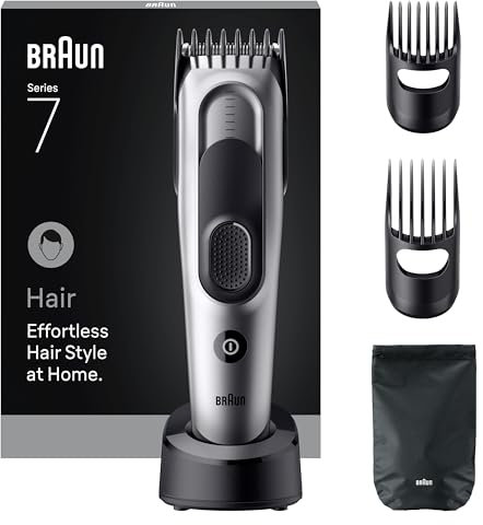 Braun Haarschneider Series 7, Haarschneidemaschine und Rasierapparat für Herren, Haartrimmer mit Ultrascharfe Klingen, 17 Längen, 5 Zubehörteile, 50 Min. Akku, Abwaschbar, HC7590, Grau