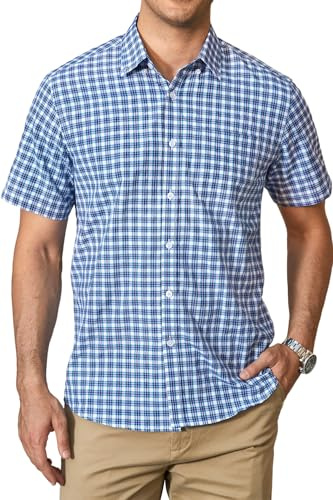HISDERN Camicia Quadri Uomo Manica Corta Camicie Scozzese Uomo con Tasche Cotone Bottoni Estiva Regular Fit Blu Navy L