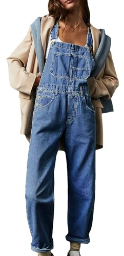 Sukany Women's Casual Denim Jean Overalls Loose Adjustable Straps Baggy Dungarees Bib Romper Jumpsuit Harem Pants Dark Blue M