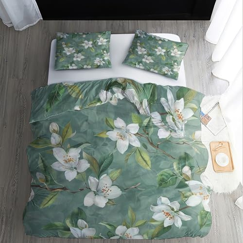 zcwl Floral Bettwäsche 220x240 Sommer, Salbeigrün Und Weiß Bettbezug Set 3 teilig, Weiche Kuschelige Mikrofaser Bettwäsche-Sets, Wendebettwäsche und 2 Kissenbezug 80x80 mit Reißverschluss