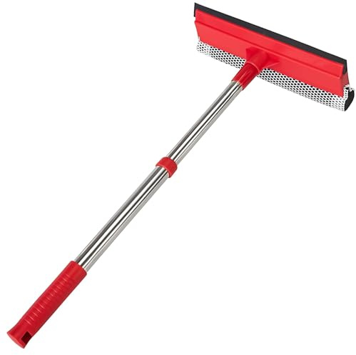Window Squeegee with 15.7-27.5 Retractable Stainless Steel Handle, 2-in-1 Windshield Cleaner Tool for Cars, Trucks, Glass Doors, Shower Glass, Outdoor Windows – Window Cleaner (Red)