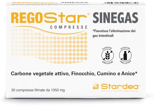 Regostar Sinegas, Integratore per Gas Intestinali e Gonfiore Addominale, con Carbone Attivo, Finocchio, Cumino e Anice, 30 Compresse, Senza Glutine e Lattosio