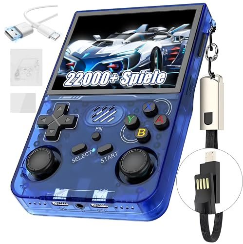 R36XX Retro Handheld Spielekonsole 128G,22000+ Spiele,12 Emulatoren,3000mAh,tragbare Videospielkonsole mit 3.5-Zoll-IPS-OCA-HD-Bildschirm,640*480P,Open Source Linux System,Dual 3D Joystick (Blau)