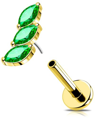 OUFER 16G Gold Knorpel Ohrpiercing Blume Helix Piercing Threadless Push in Edelstahl 316L Conch Earring Transparente Grün Marquise CZ Lip Stud für Damen 6/8 mm