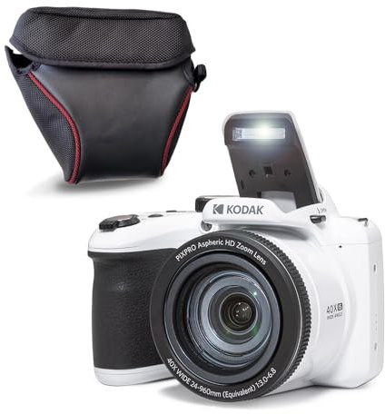 KODAK Pixpro Astro Zoom AZ405 + funda protectora - Cámara digital Bridge, Zoom X40, gran angular de 24 mm, 20 megapíxeles, LCD 3, vídeo Full HD 1080p, OIS, pila AA - Blanco
