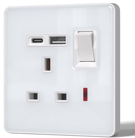 BSEED Single Socket with 20W USB-C Fast Charging,Glass Switched Wall Socket,LED Indicator Light,UK Standard 13A Electric Power Outlet,Screws Included,1 Gang(20W),86mm White