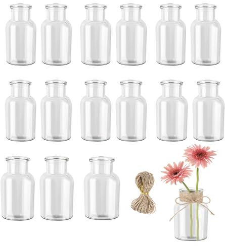 BOPEUY Mini Vases en Verre, 16 Pièces 125ml Vase Transparent Verres,Petits Vases Decoratifs en Verre avec Ficelle, Vase pour la DéCoration de Table, pour La Maison Mariages Anniversaires Fêtes Déco