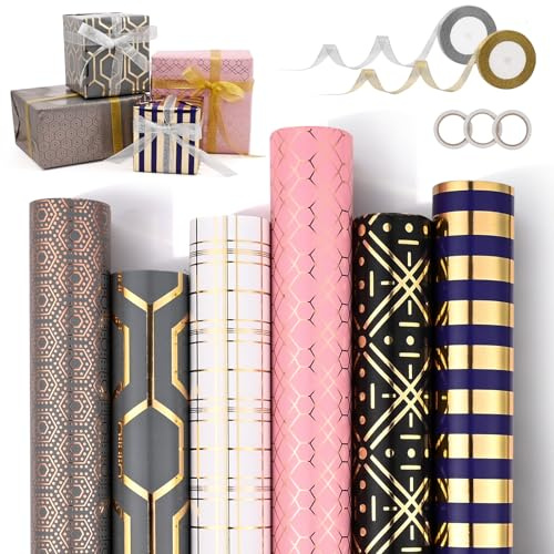 Rollo de papel de regalo de 300 x 43 cm, 6 rollos de papel de regalo actualizado, juego con 2 cintas y 3 cintas adhesivas, impresión dorada, papel de estraza para cumpleaños, bodas, bautizos, fiestas