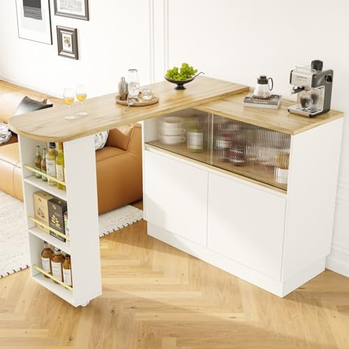 PUGSDRLY Table de Bar Extensible avec Espace de Rangement,Table Bar Cuisine Pivotant à 360°,2 Portes en Verre,Comptoir de Cuisine,120x45x103cm (Blanc-C)