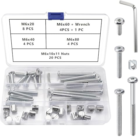 VooGenzek 40 Pezzi M6 x 20/40/60/80 mm Attacco Esagonale Cap Mobili Barile Viti Bulloni Dadi Kit, Bulloni Ricambio Lettino, con Chiave esagonale, per Mobili Letti Culla Sedie Lettino, Argento