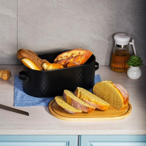 Gettimore Boîte à pain rustique en métal noir avec couvercle de planche à découper en bois, comptoir vintage de rangement pour pains, rouleaux, pâtisseries, récipient de cuisine en acier au carbone