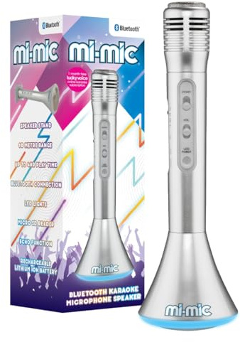 Mi-Mic Kids Karaoke Microphone | Wireless Speaker with Wireless Bluetooth and LED Lights Microphone for Kids, Silver