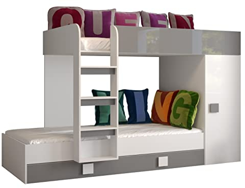 MEBLE KRYSPOL Toledo 2 Hochbett für 2 Kinder, Jugendliche mit Stauraum - Etagenbett mit Schreibtisch, Kleiderschrank, Regal, Schubladen, Treppe - 254x94x165 cm - Weiß, Grau, Weiß + Grau