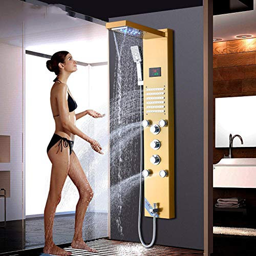 Golden Brass Duschpaneel Wandhalterung LED-Dusche Warm- und Kaltwasser-Mischbatterie Dreifachgriffe Para Badezimmer-Duschset